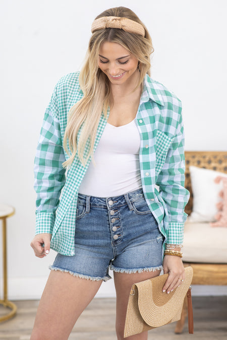 Mint Checkered Woven Button Up Top