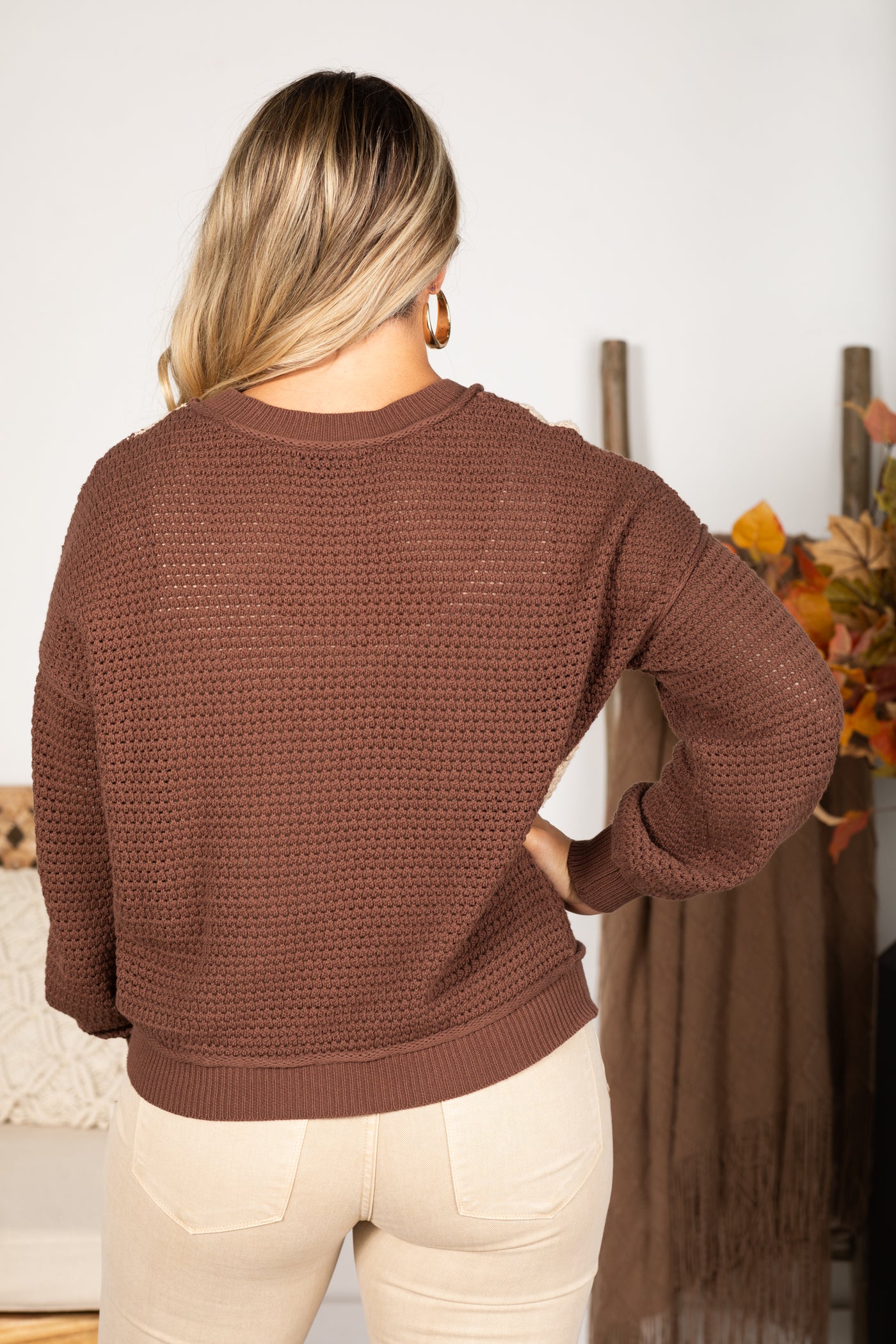 Brown Checkered Crochet Knit Sweater