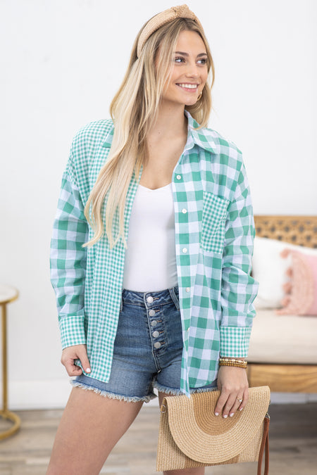 Mint Checkered Woven Button Up Top