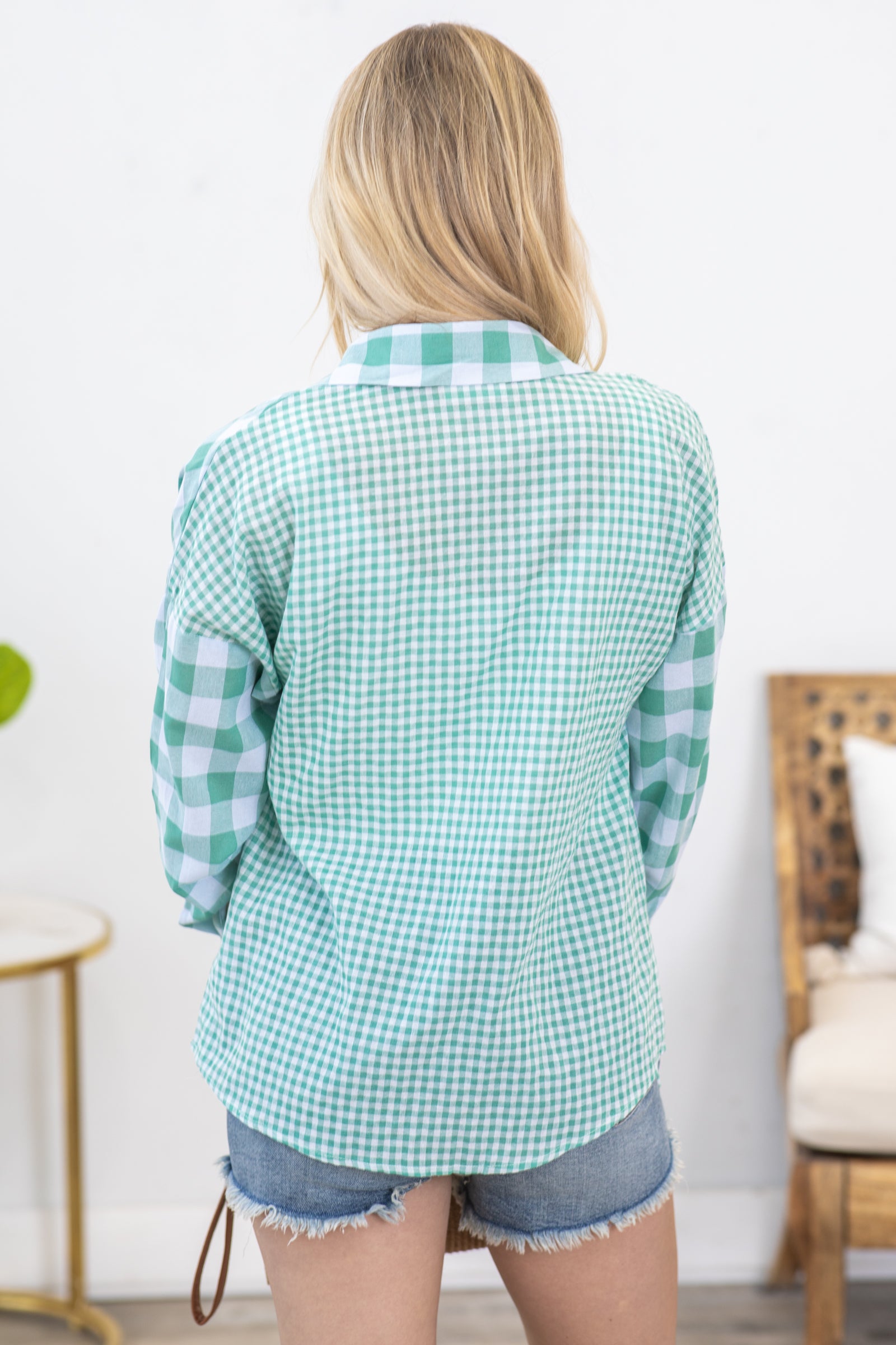 Mint Checkered Woven Button Up Top