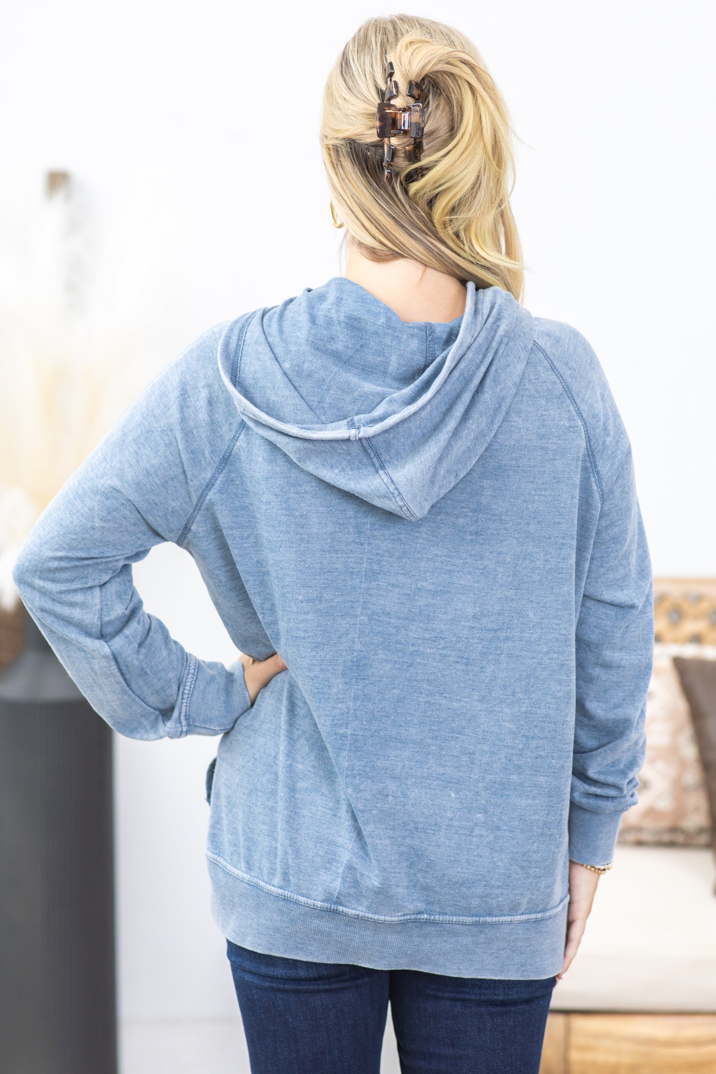 Slate Blue Hoodie With Drawstring And Pocket