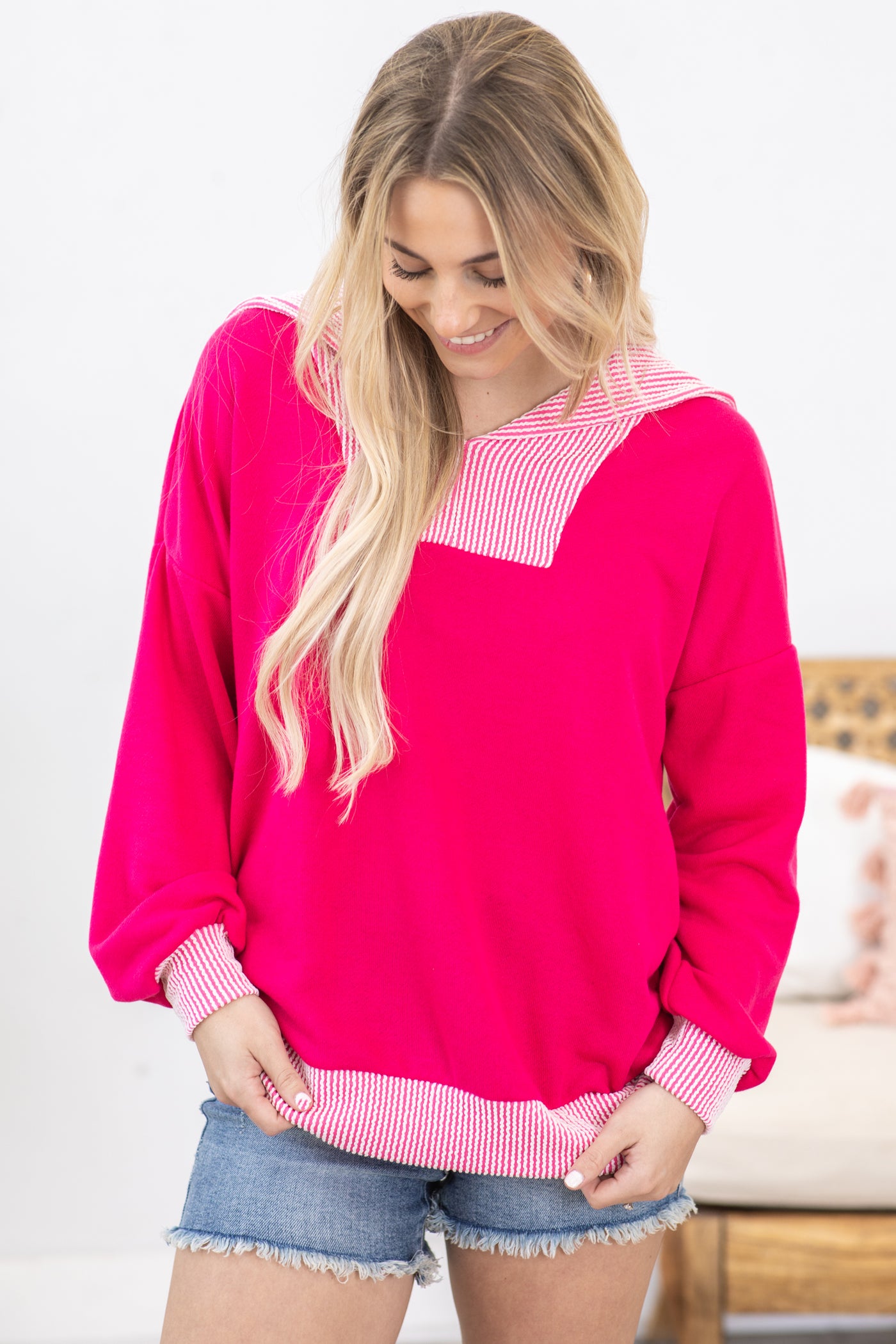 Hot Pink Long Sleeve Rib Detail Knit Top