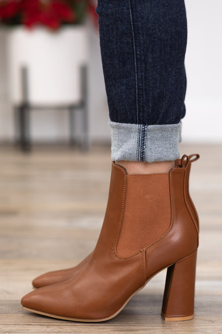 Dark Camel Block Heel Pull On Booties