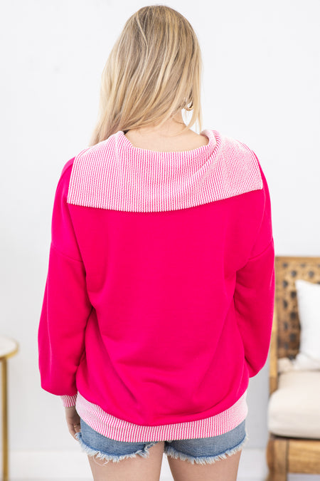 Hot Pink Long Sleeve Rib Detail Knit Top