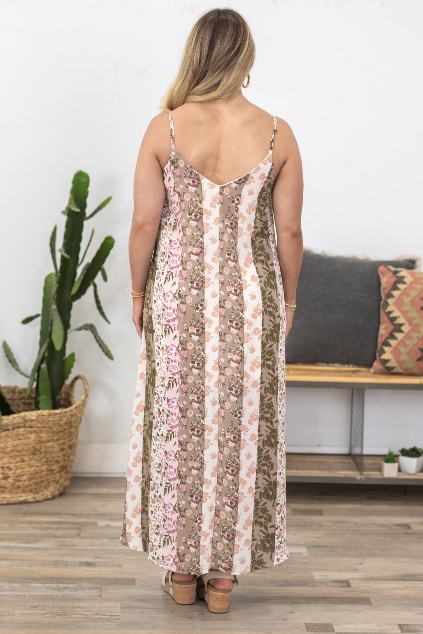 Mocha And Pink Stripe Floral Maxi Dress