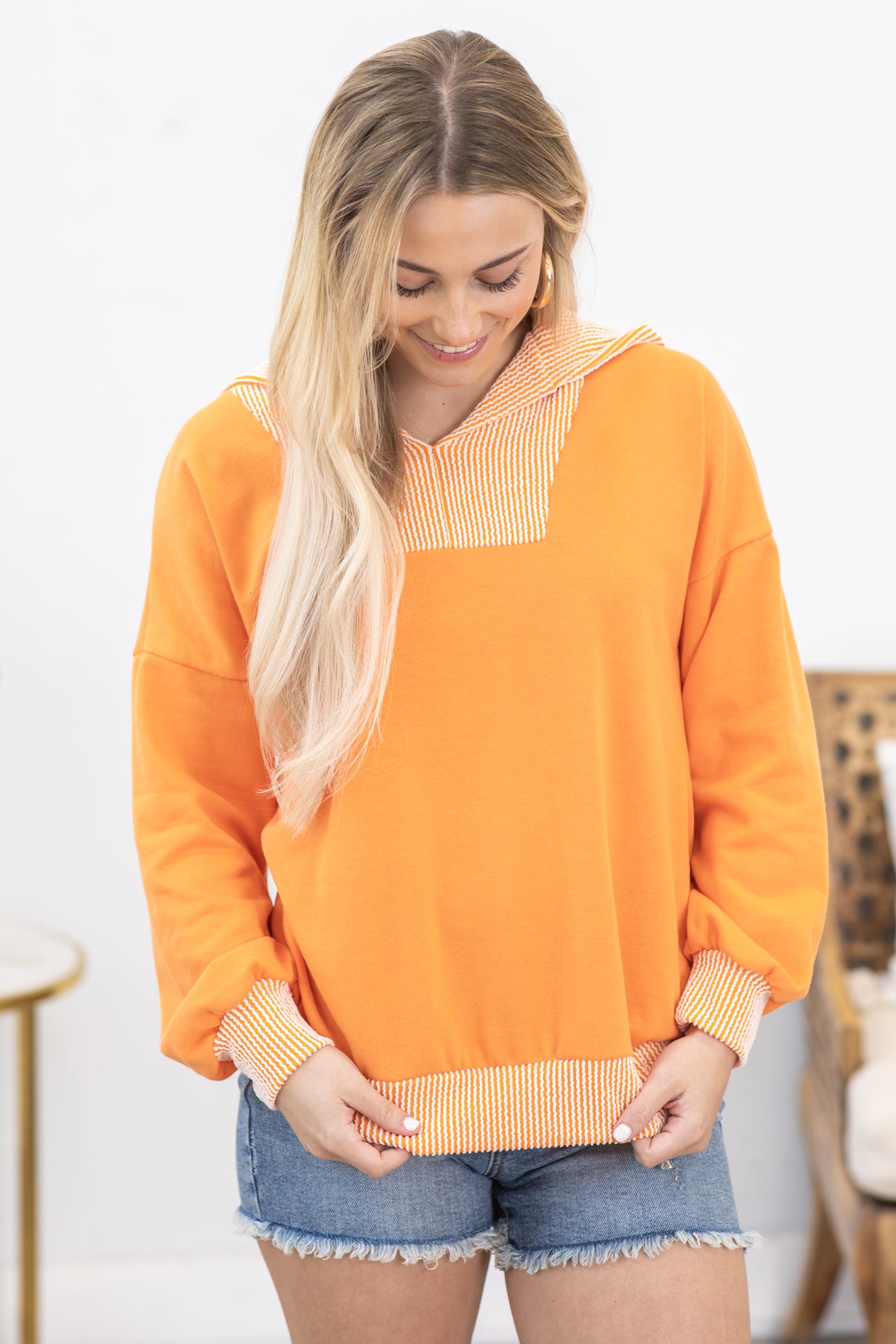 Orange Long Sleeve Rib Detail Knit Top