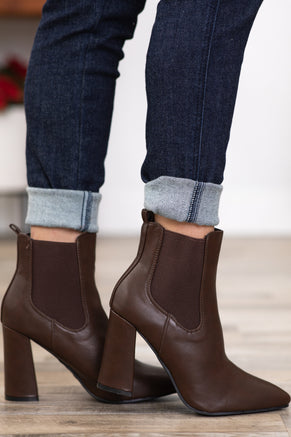 Brown Block Heel Pull On Booties