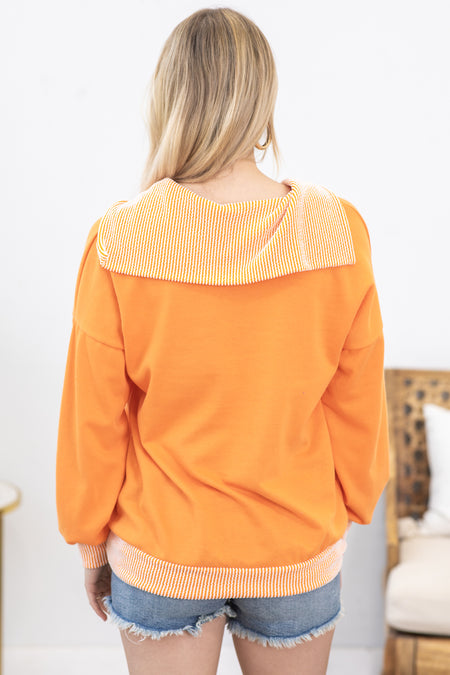 Orange Long Sleeve Rib Detail Knit Top