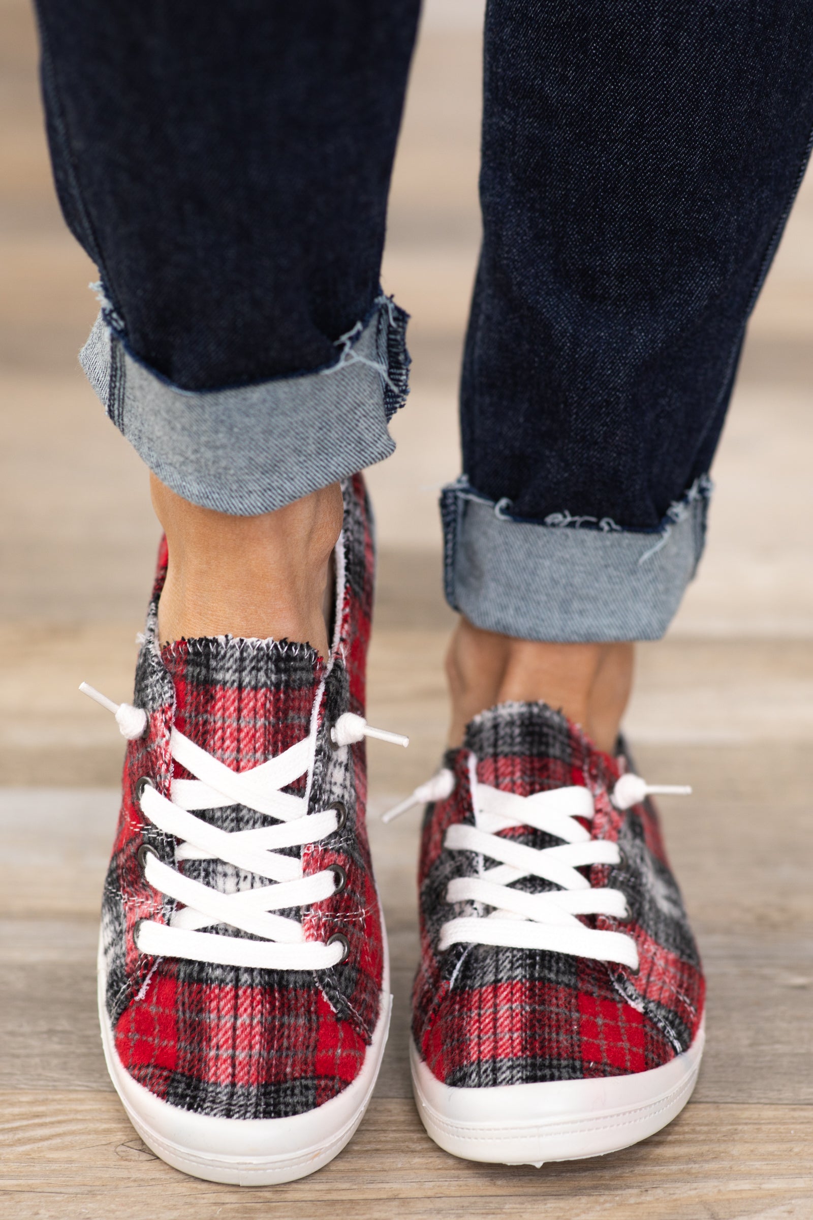 Red plaid store sneakers