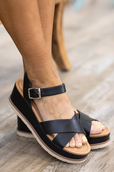 Black Criss-Cross Platform Wedge Sandal