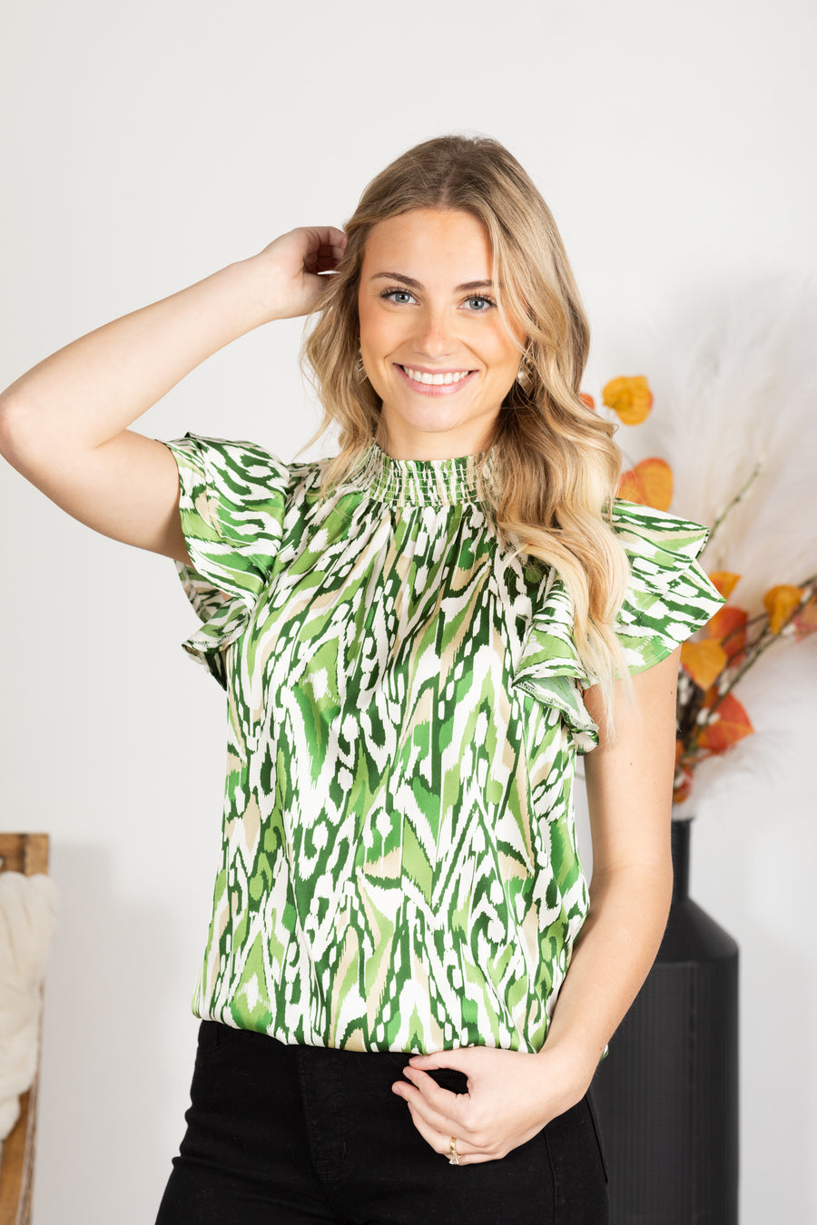 Sage Printed Satin Mock Neck Woven Top