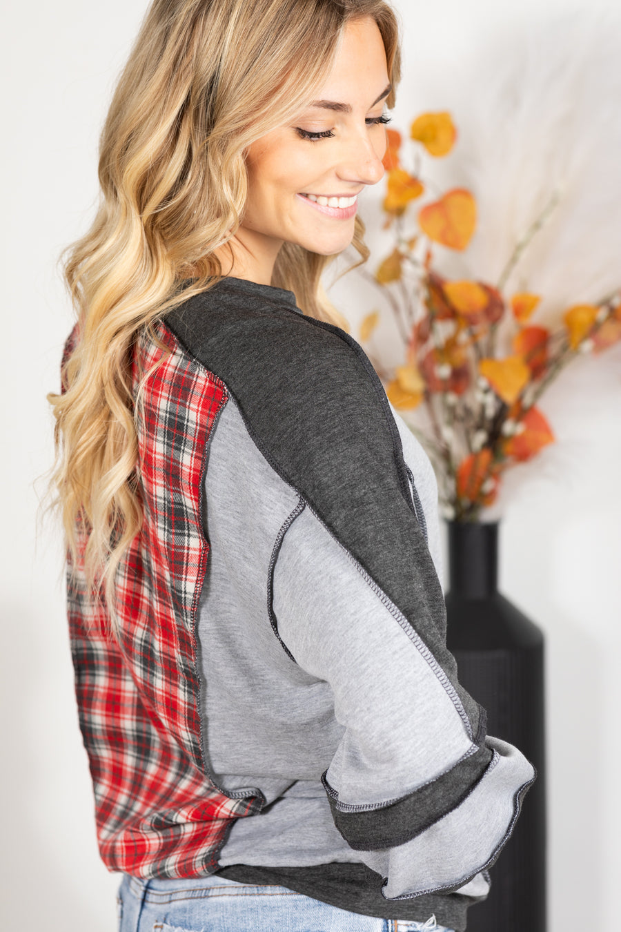 Heather Grey Plaid Contrast Knit Top