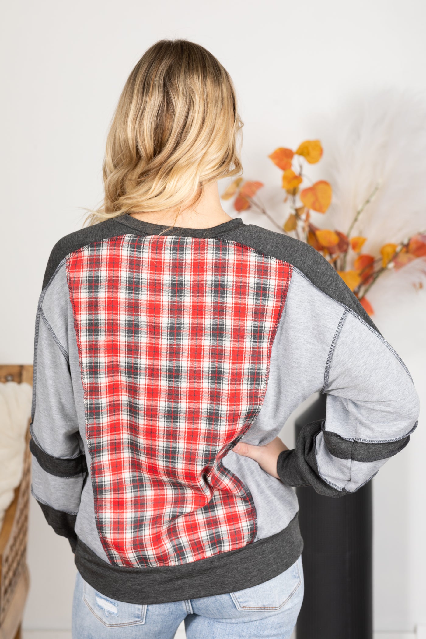 Heather Grey Plaid Contrast Knit Top