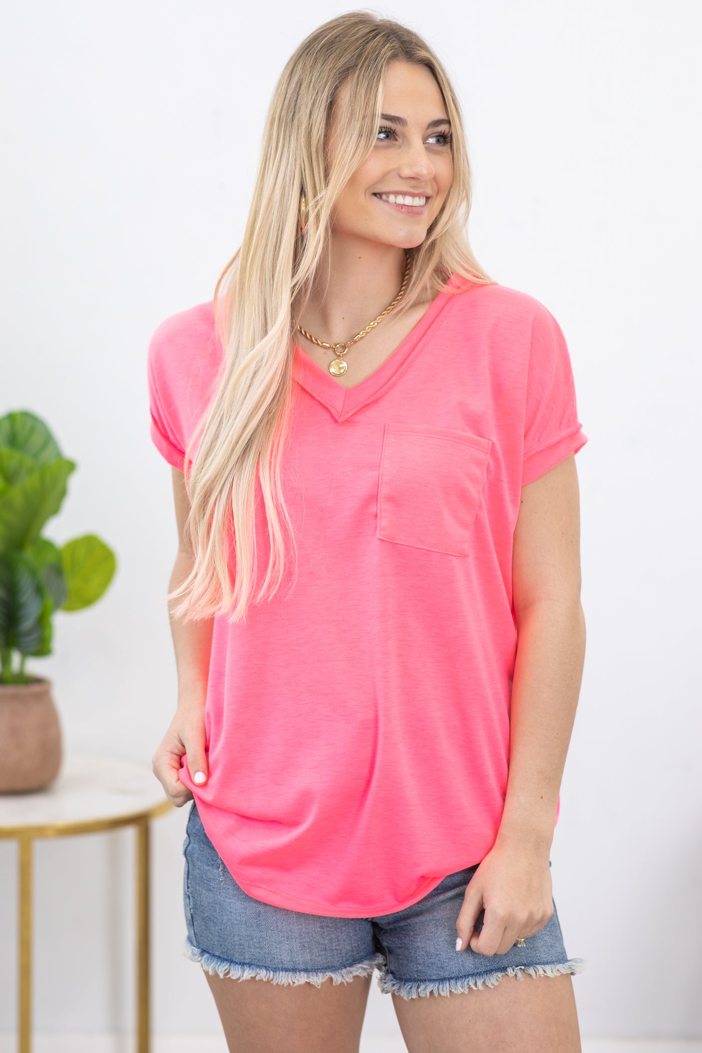 Neon Pink Dolman Sleeve Knit Top With Pockets