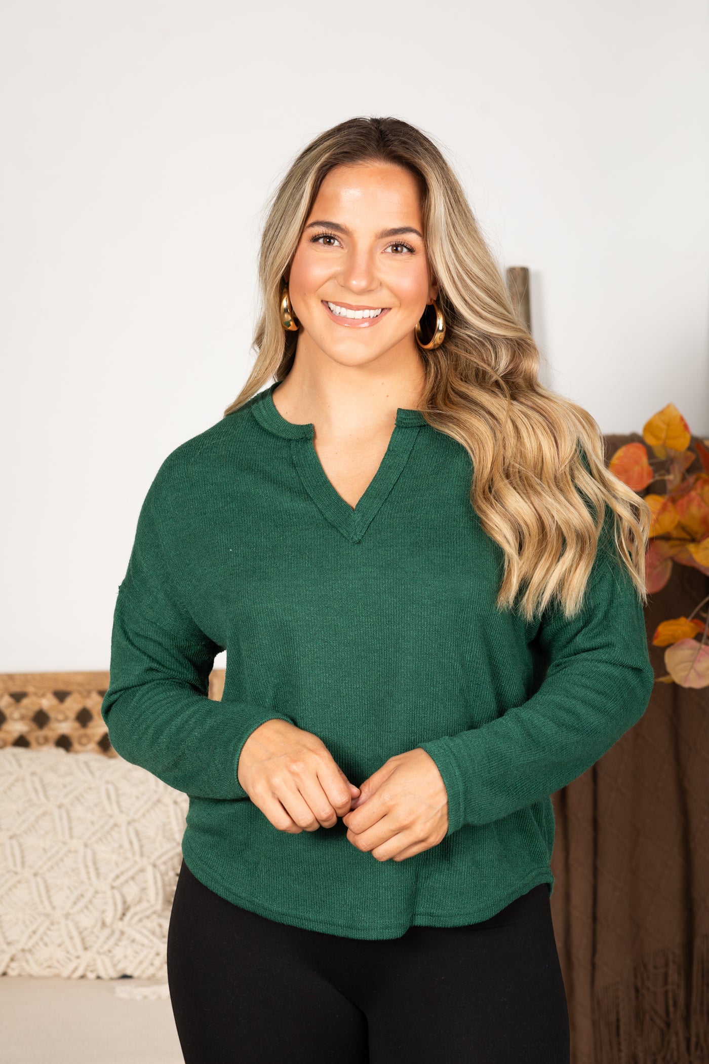 Solid Notch Long Sleeve Knit Top