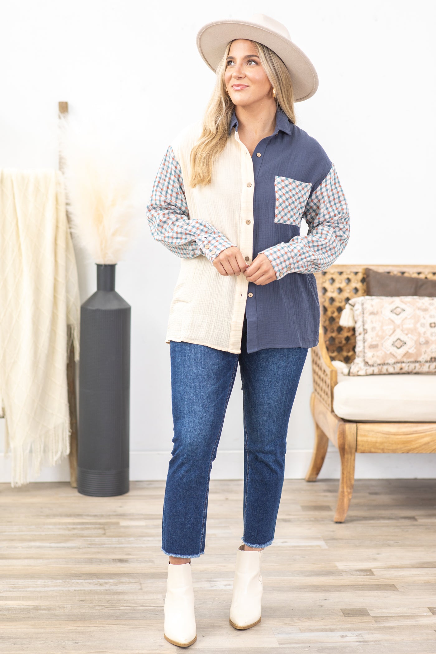 Navy Colorblock Top With Checkered Sleeves