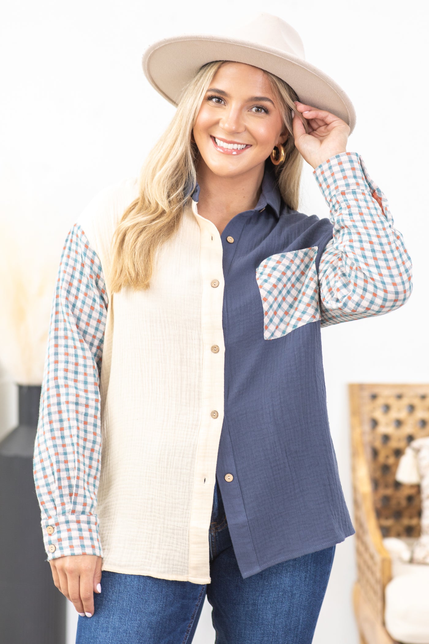 Navy Colorblock Top With Checkered Sleeves