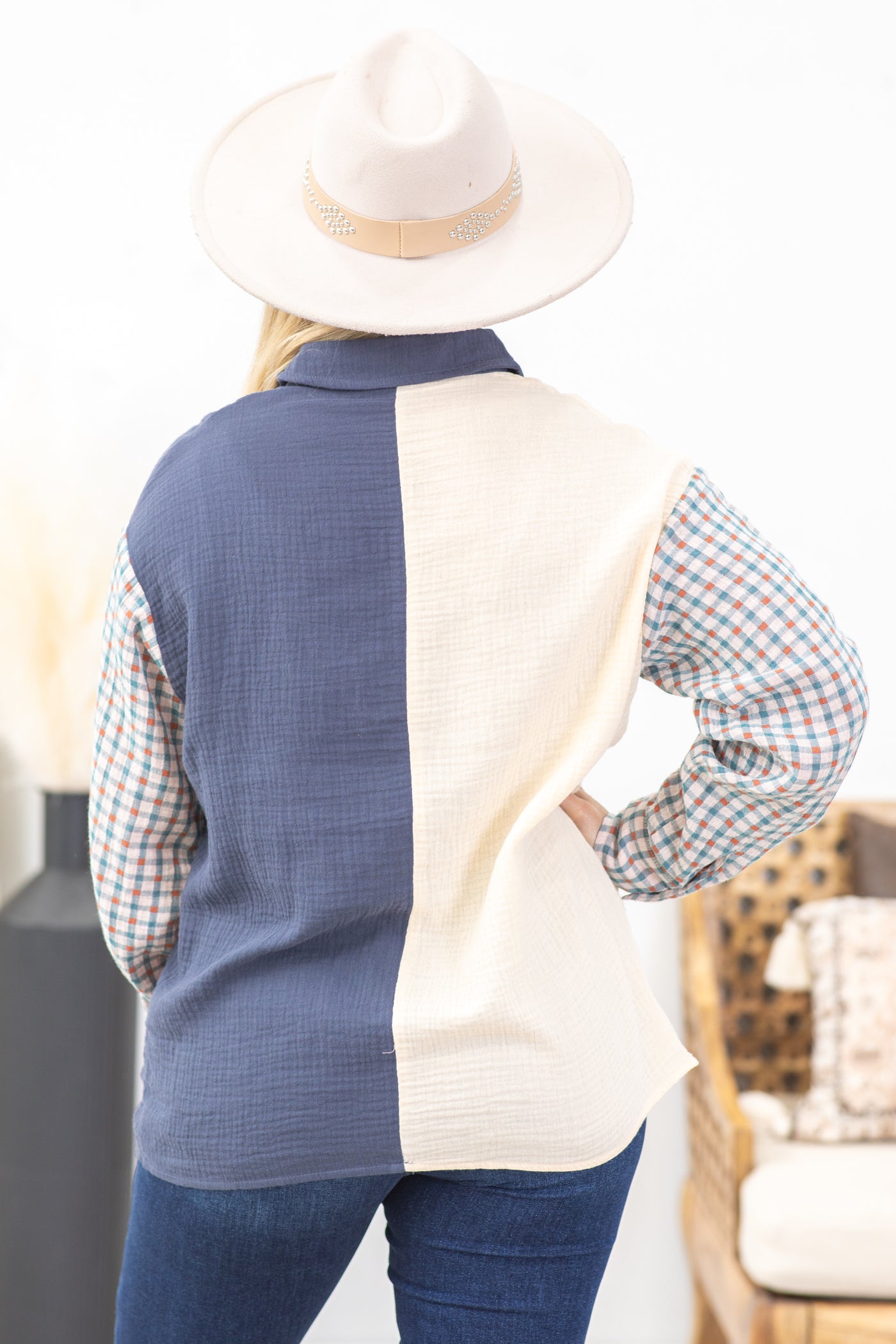 Navy Colorblock Top With Checkered Sleeves