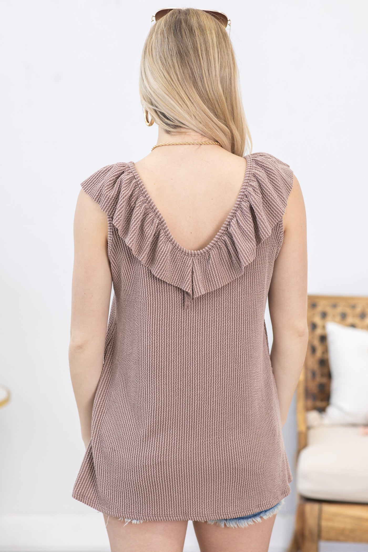 Light Mocha Ruffled V-Neck Ribbed Knit Tank