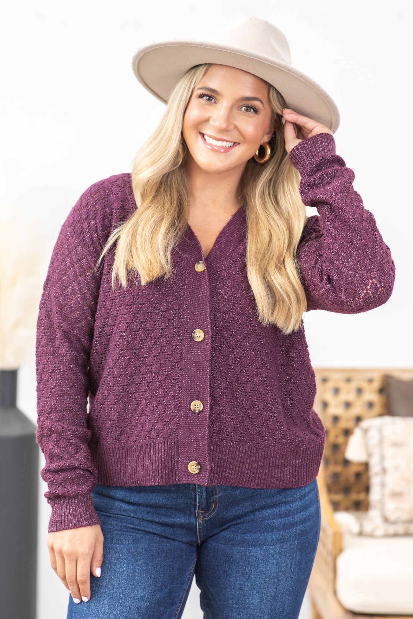 Pointelle Textured Cardigan With Buttons