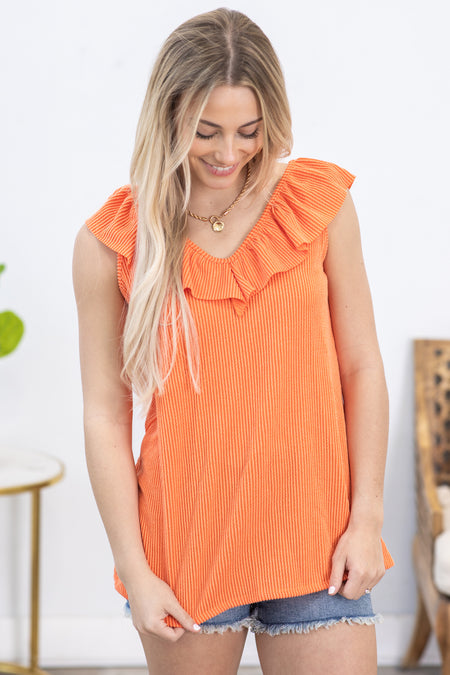 Orange Ruffled V-Neck Ribbed Knit Tank