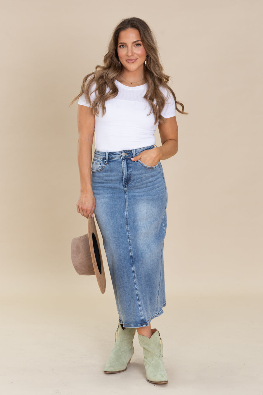 Risen High Rise Denim Skirt With Slit