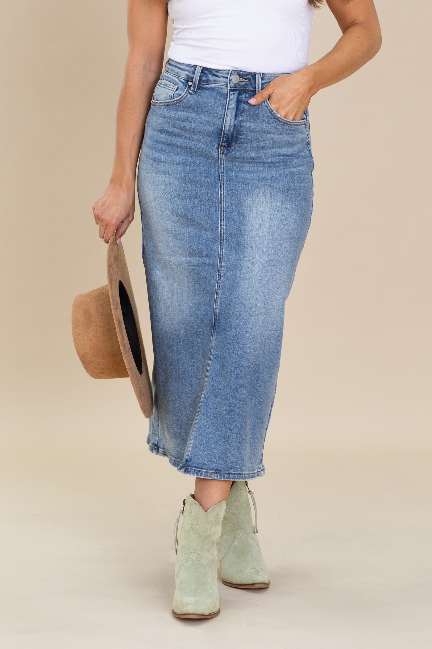 Risen High Rise Denim Skirt With Slit