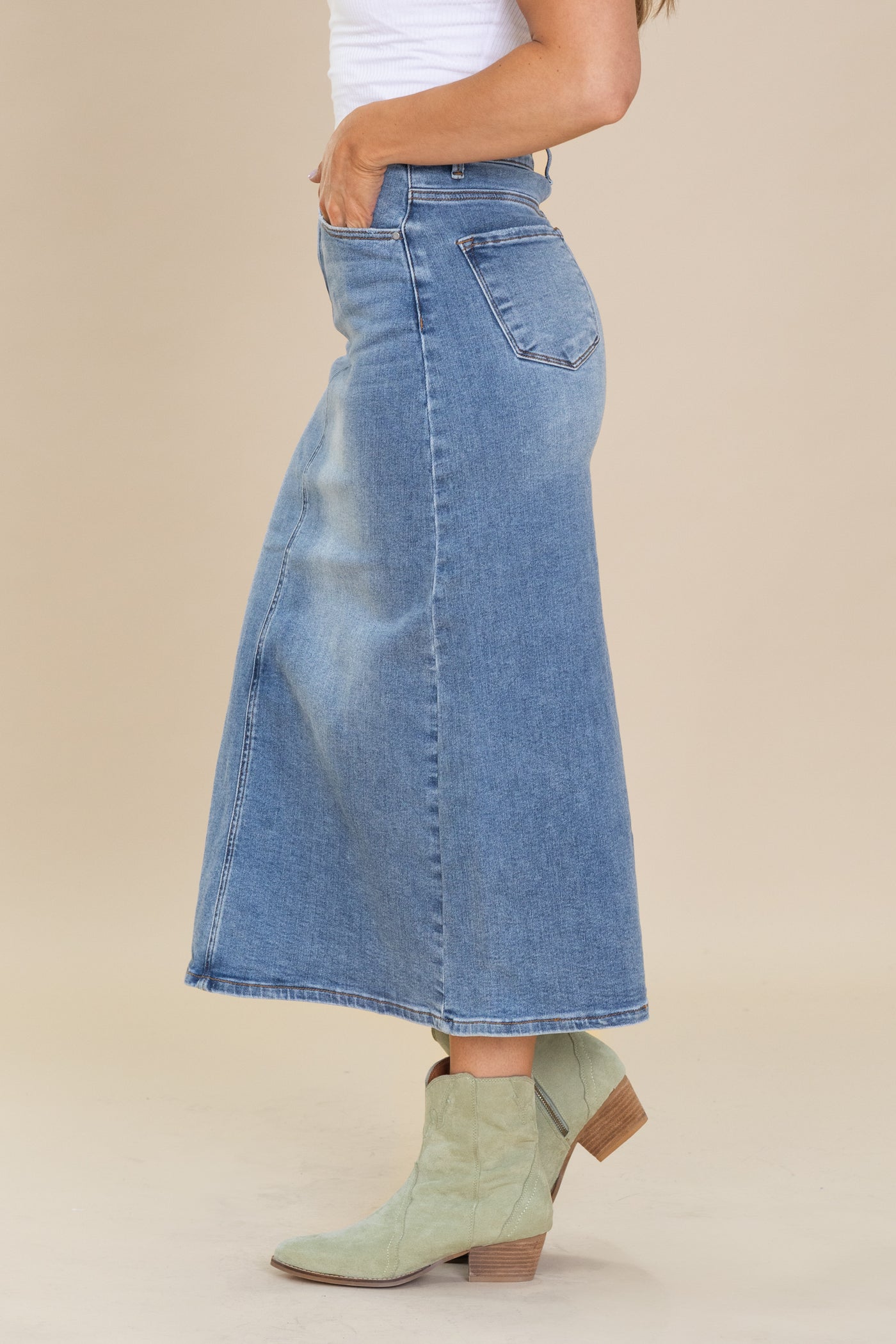 Risen High Rise Denim Skirt With Slit