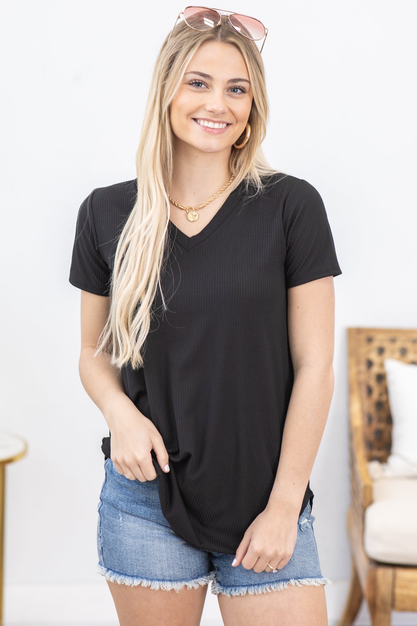 Black V-Neck Rib Knit Top