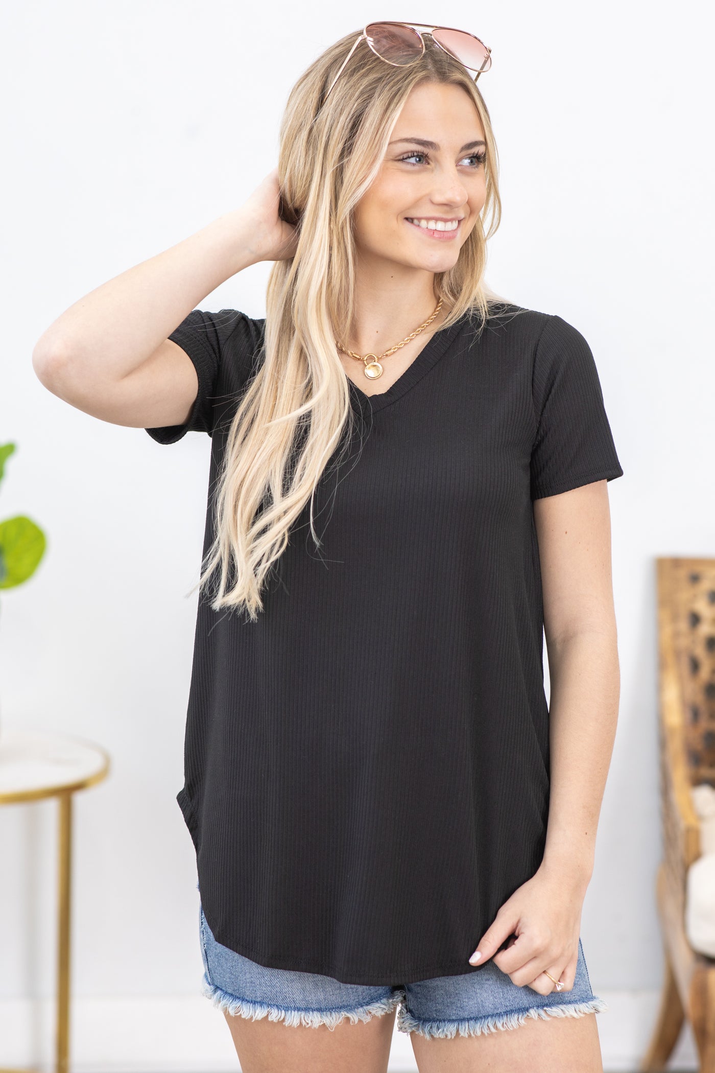 Black V-Neck Rib Knit Top