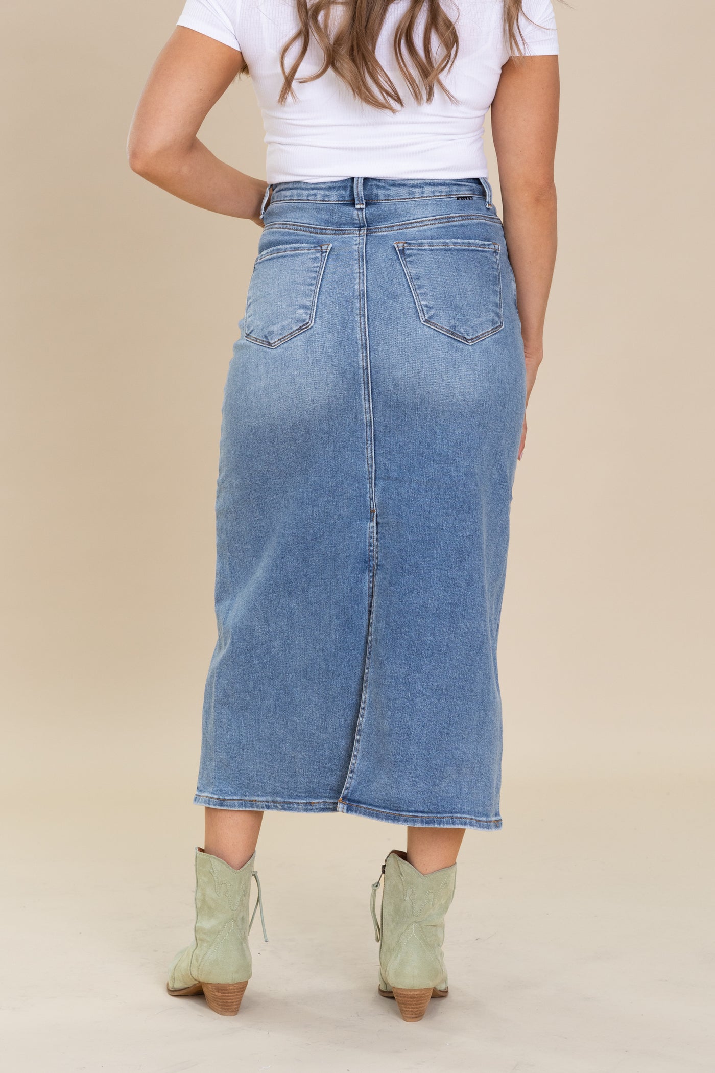 Risen High Rise Denim Skirt With Slit