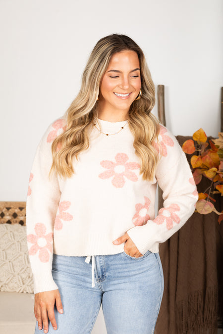 Ivory And Pink Daisy Intarsia Sweater