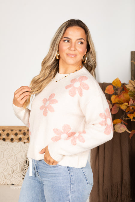 Ivory And Pink Daisy Intarsia Sweater