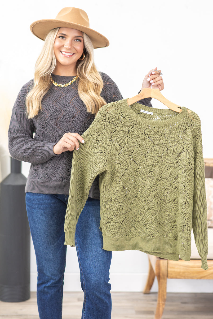 Crochet Detail Long Sleeve Sweater