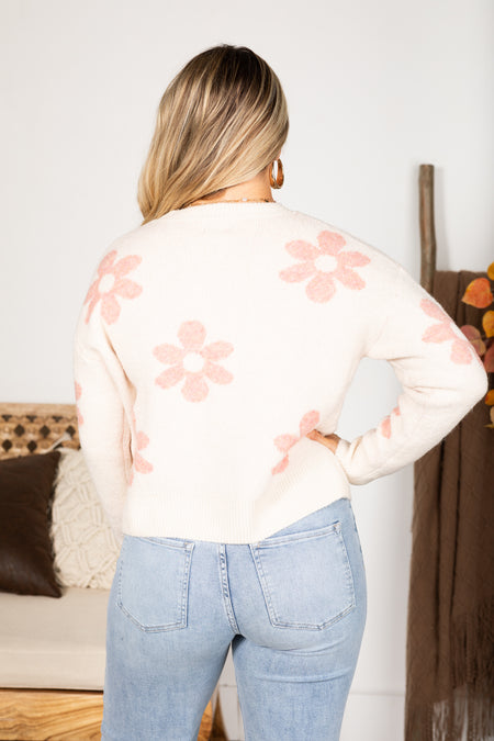 Ivory And Pink Daisy Intarsia Sweater