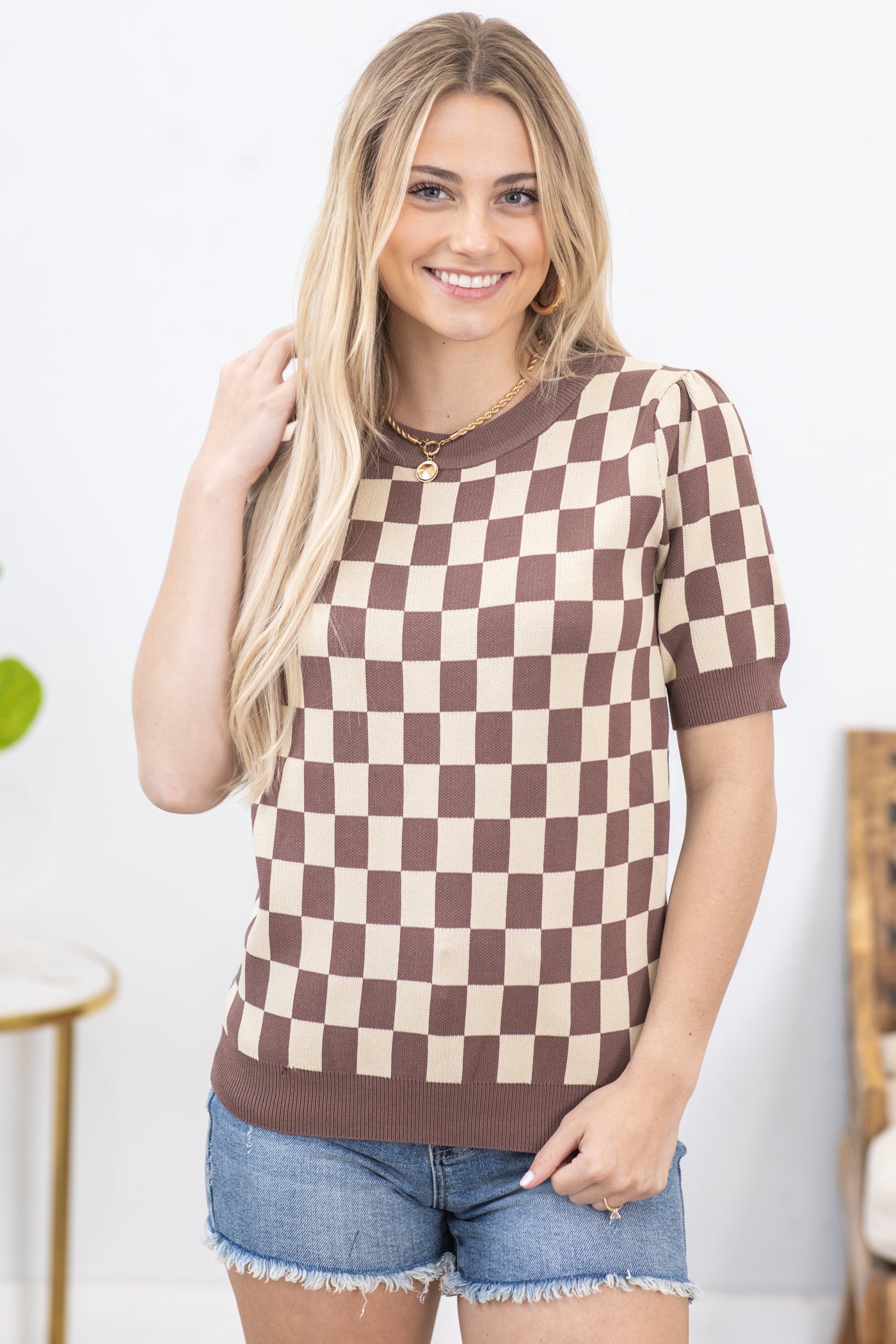 Mocha and Tan Checkerboard Lightweight Sweater