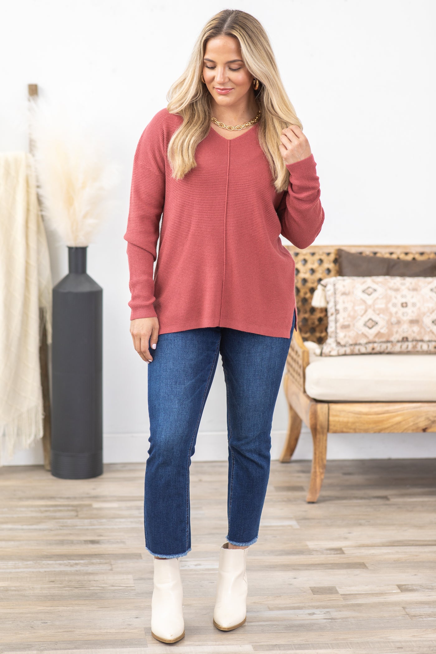 Mini Waffle V-Neck Sweater With Seam Detail