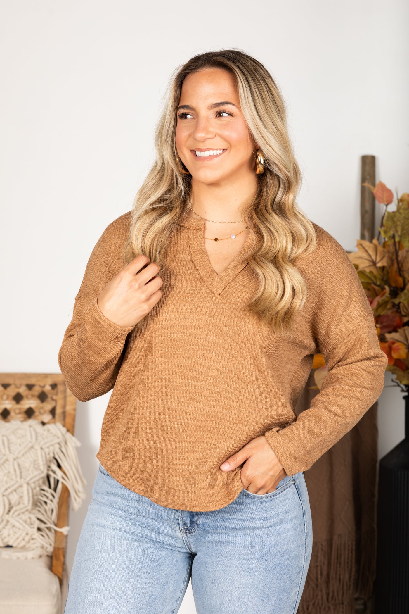 Solid Notch Long Sleeve Knit Top