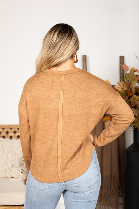 Solid Notch Long Sleeve Knit Top