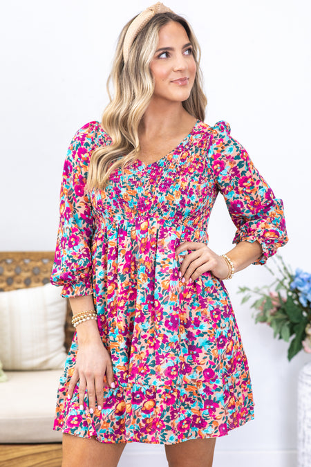 Purple Floral Print V-Neck Smocked Dress