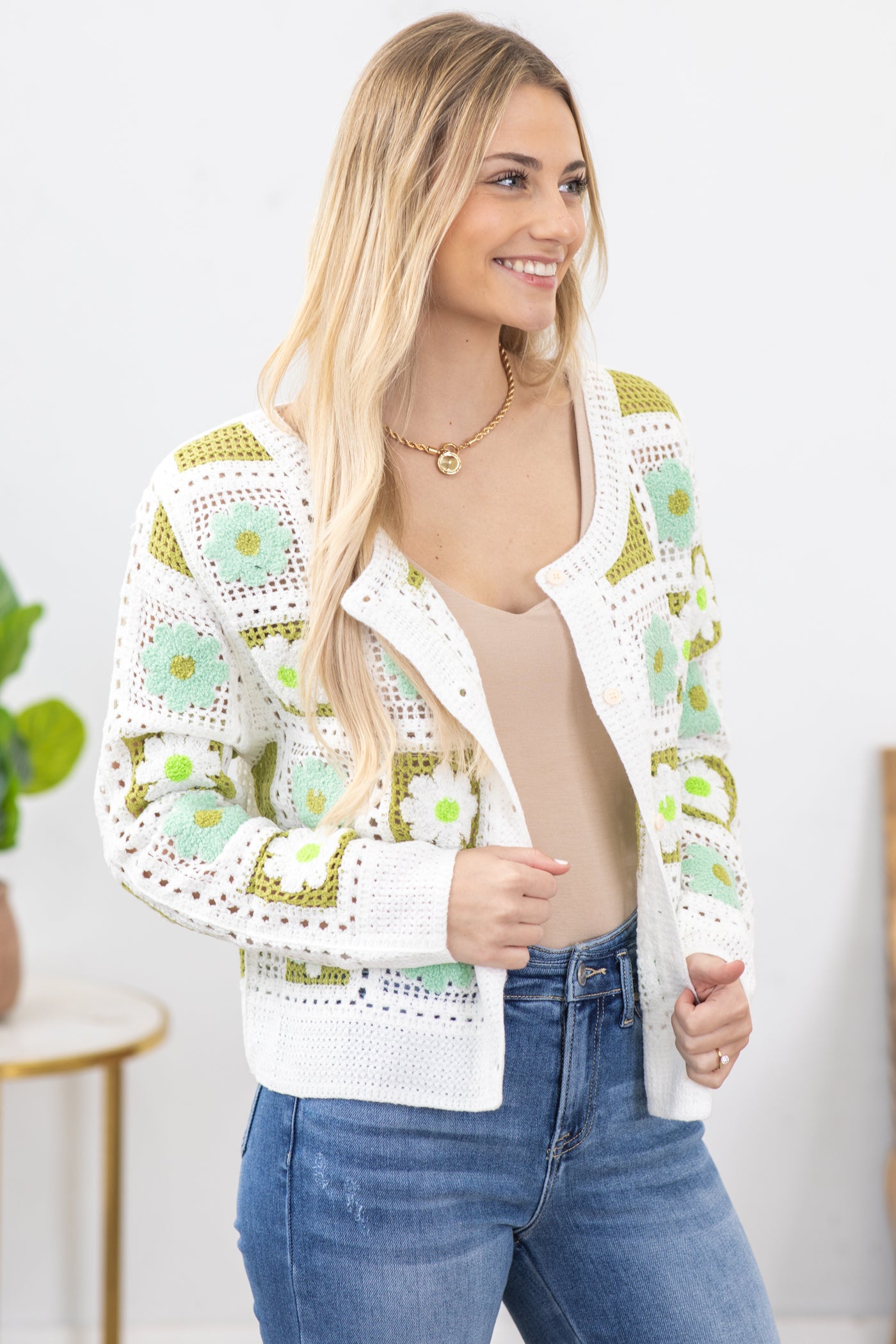 Sage Flower Crochet Lace Cardigan