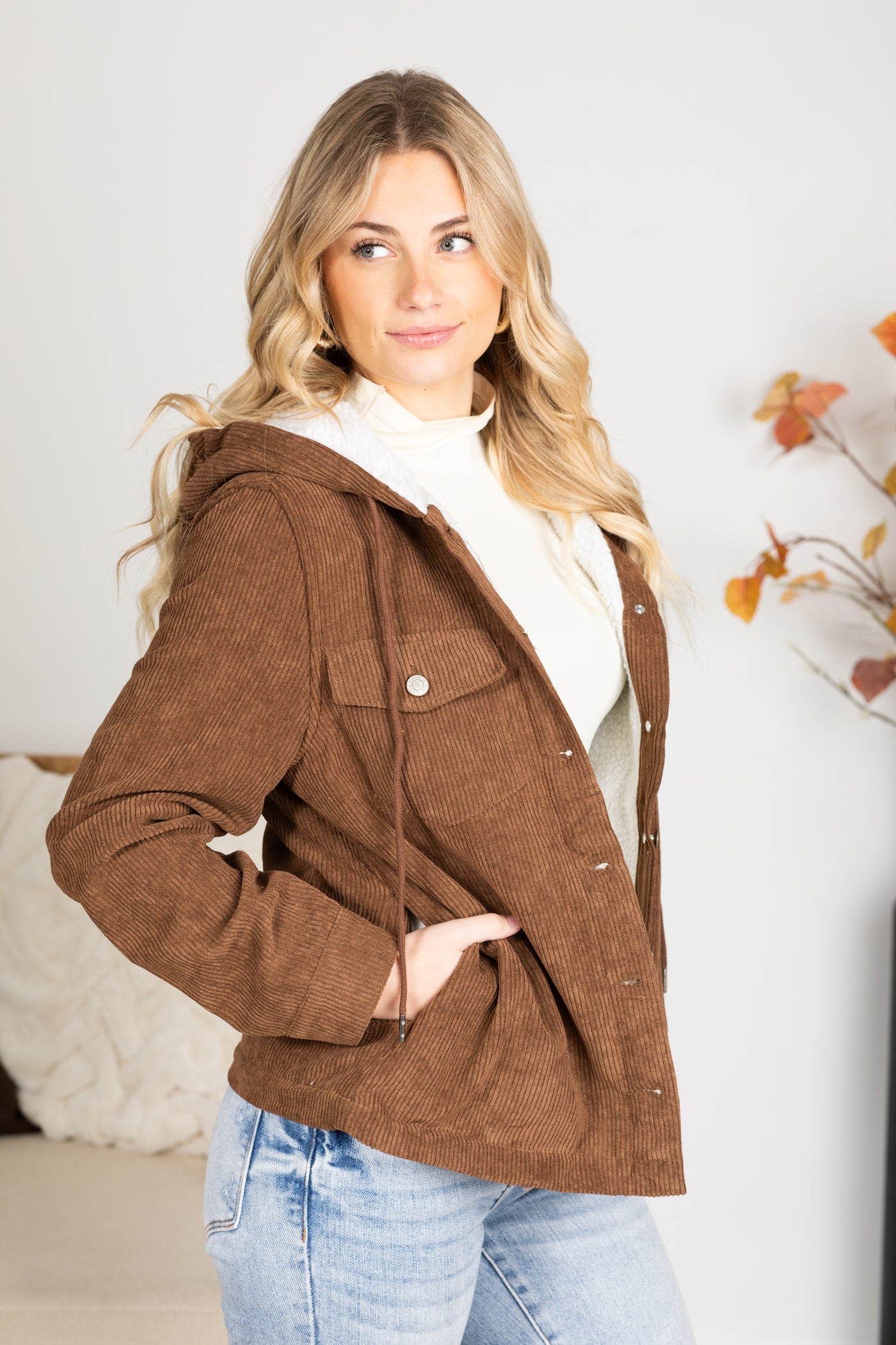 Mocha Corduroy Faux Fur Hoodie Buttoned Jacket