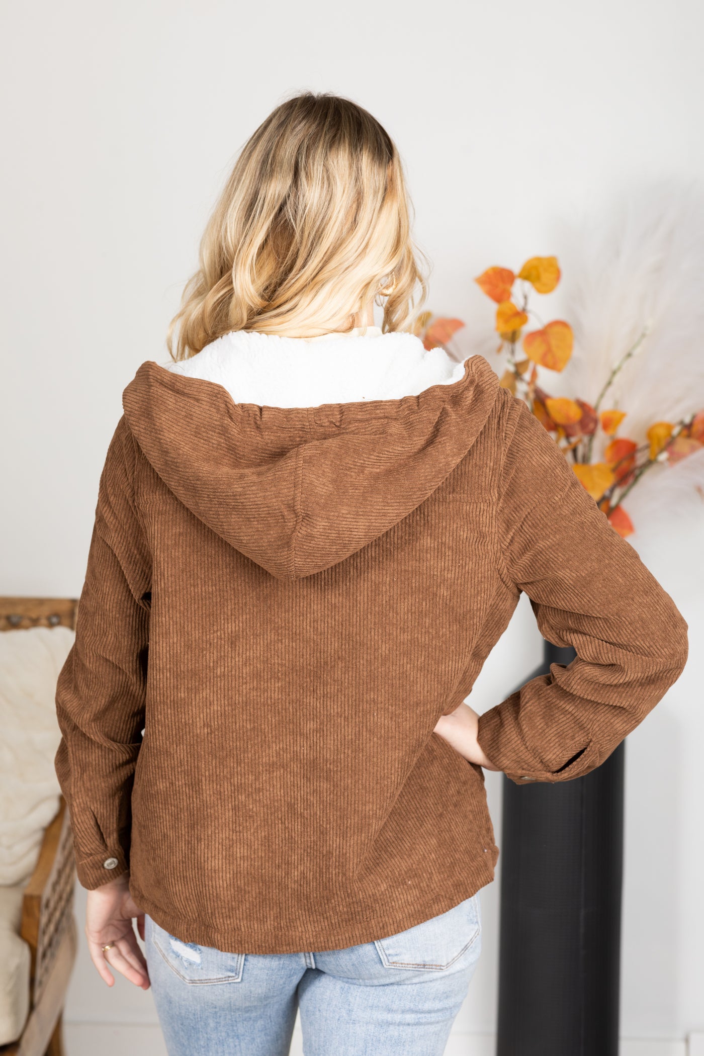 Mocha Corduroy Faux Fur Hoodie Buttoned Jacket