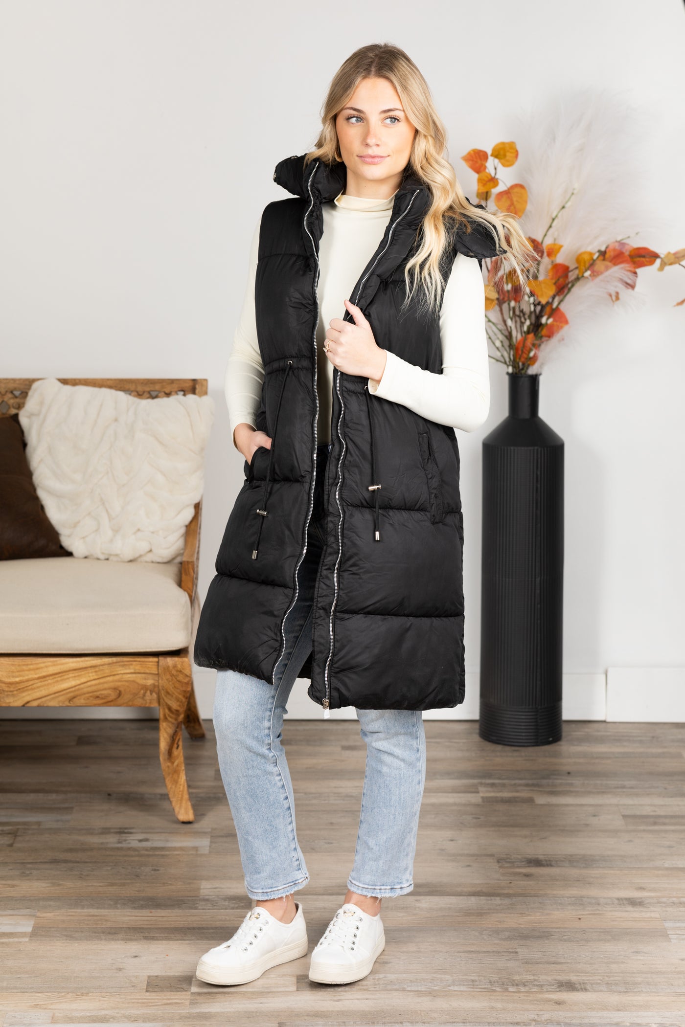 Black Zip Up Hoodie Long Puffer Vest