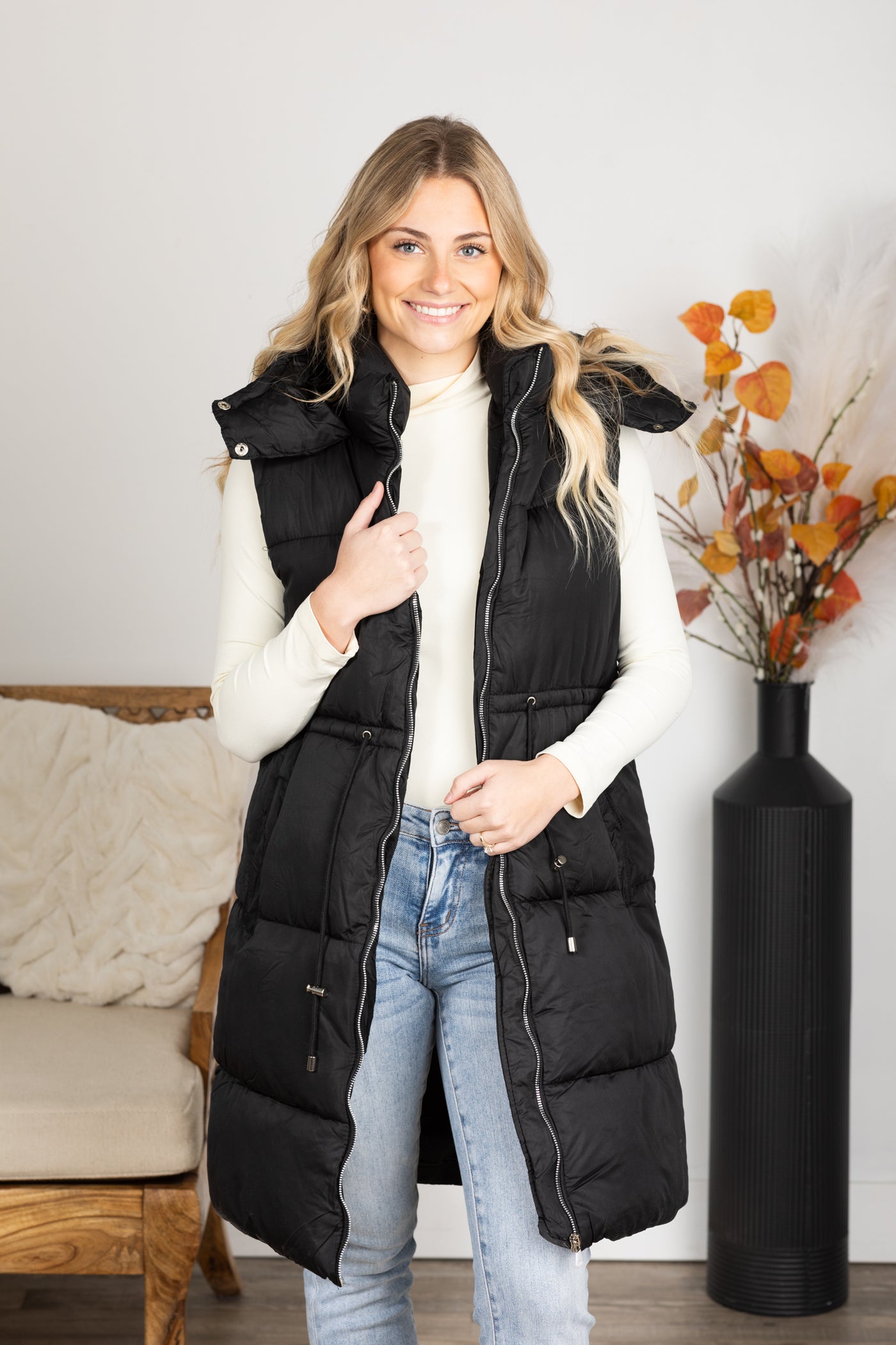 Black Zip Up Hoodie Long Puffer Vest