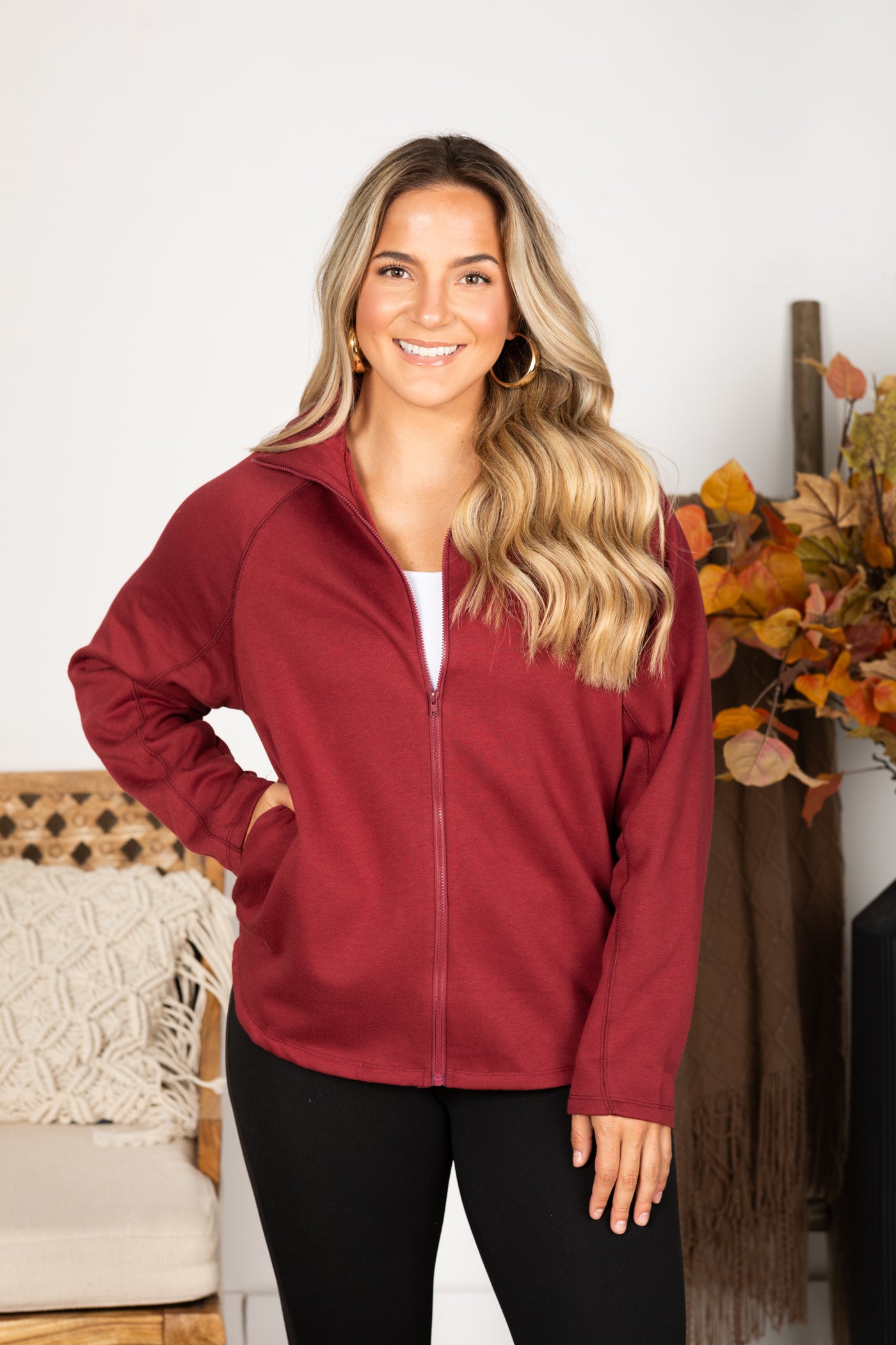 Wine Fleece Zipper Jacket