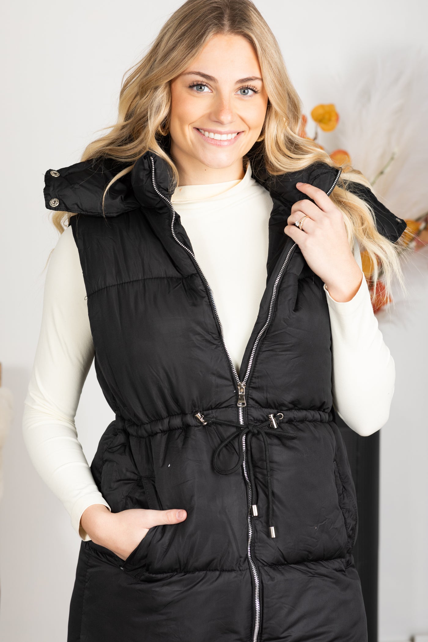 Black Zip Up Hoodie Long Puffer Vest