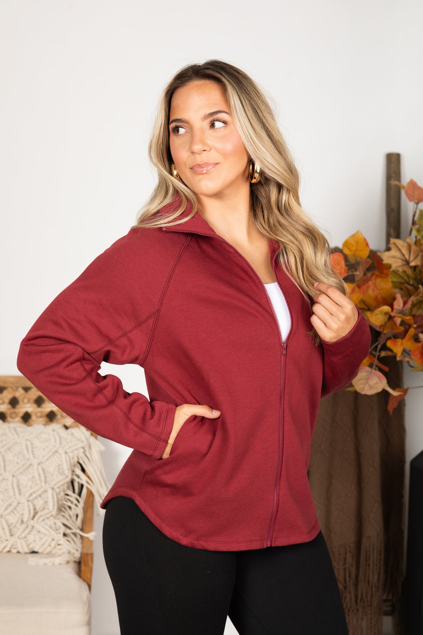 Wine Fleece Zipper Jacket