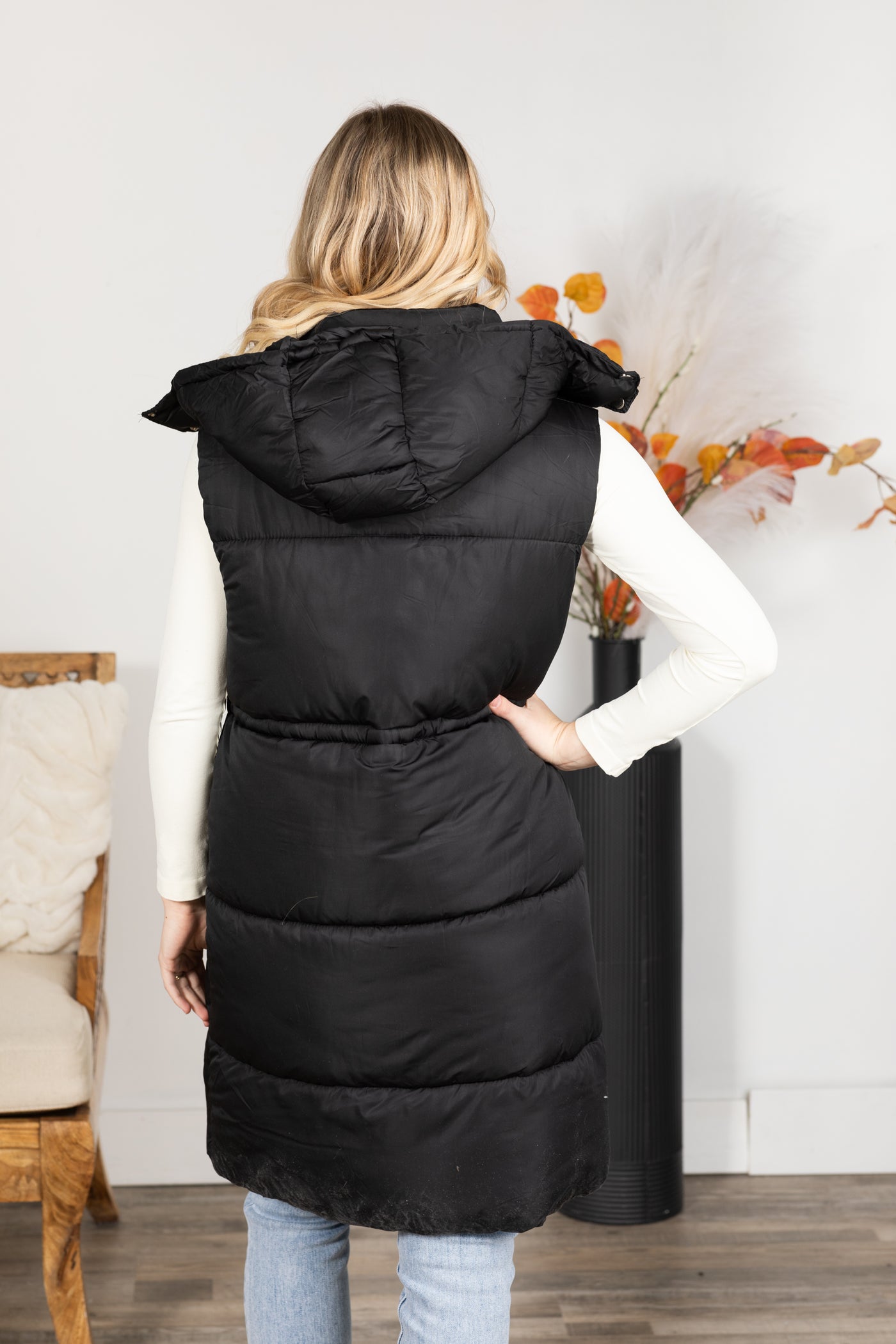 Black Zip Up Hoodie Long Puffer Vest