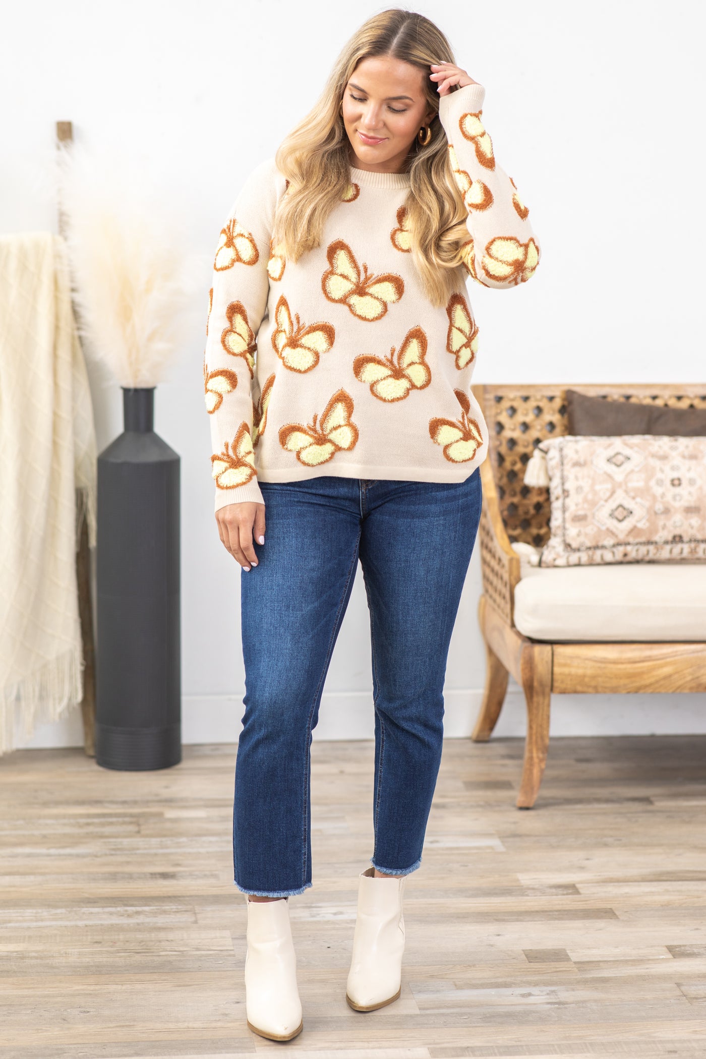 Oatmeal Butterfly Intarsia Sweater